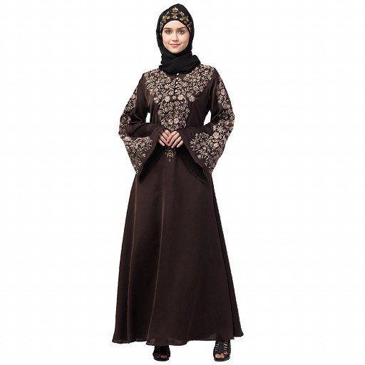A-line party wear abaya with Resham embroidery work- Coffee Brown